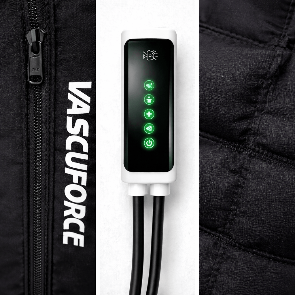 VascuForce™ compression recovery boots control panel with green lights and adjustable settings for air compression therapy.