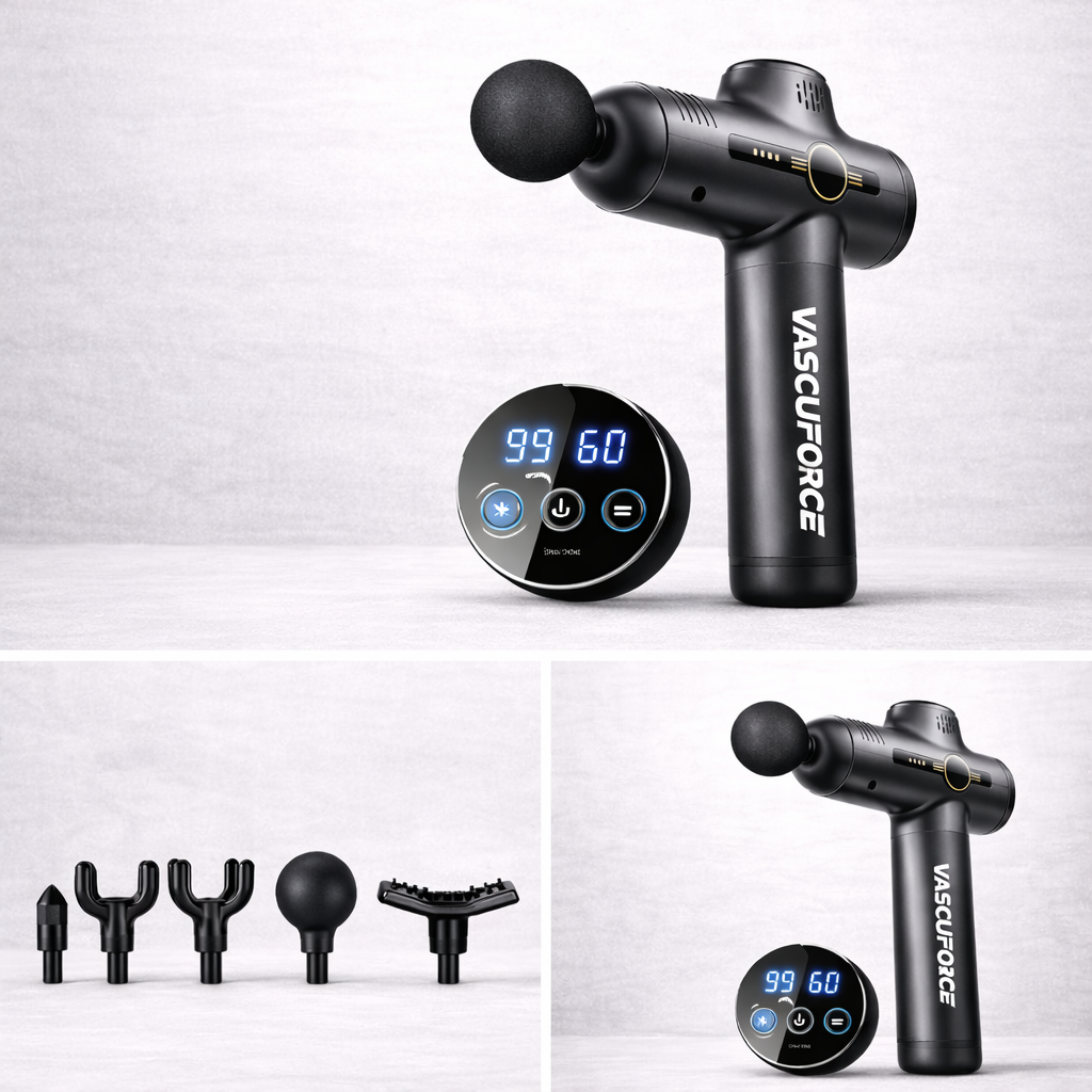 VascuForce VF3 deep tissue massage gun with multiple attachments and display for muscle relief and recovery.
