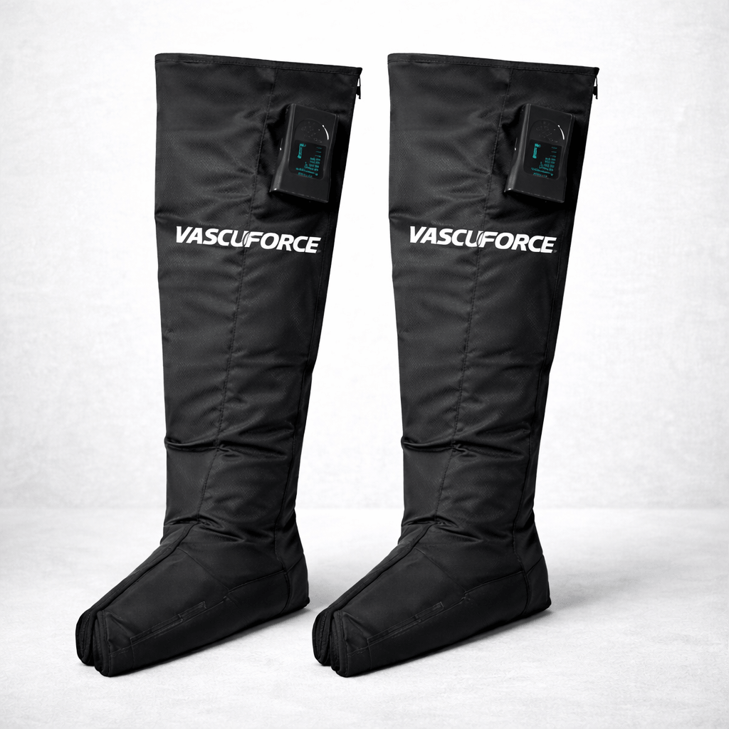 VascuForce™ wireless recovery boots designed for improved circulation and muscle relaxation after workouts.