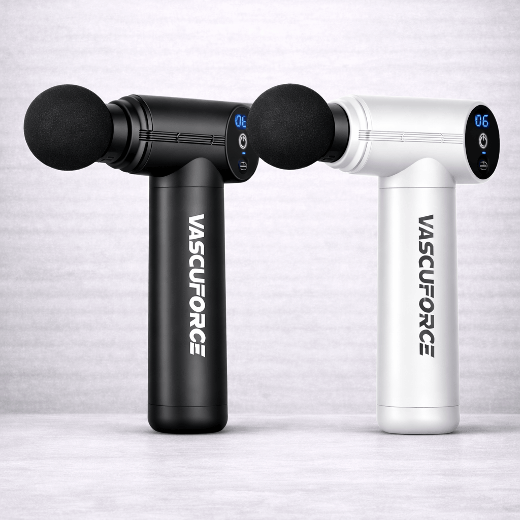 VascuForce VF3 mini massage gun for muscle recovery in black and white design, ideal for portable relaxation and post-workout relief.