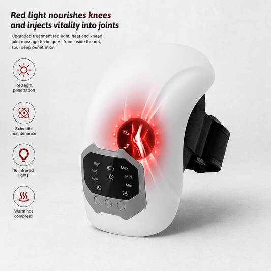 VascuForce cordless knee massager with red light therapy for joint health and relief.