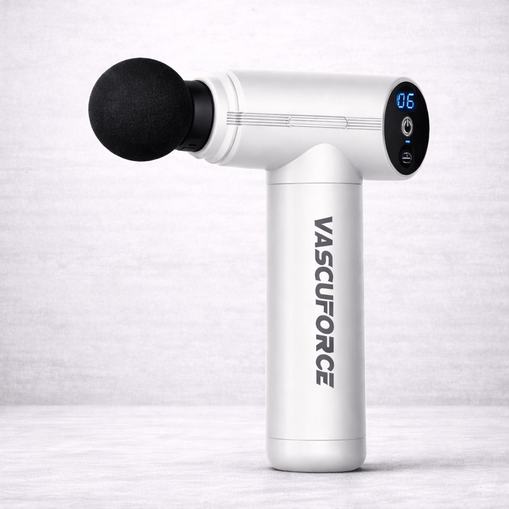 VascuForce VF3 Mini Massage Gun, a mini massage gun for muscle recovery, designed for deep tissue therapy.
